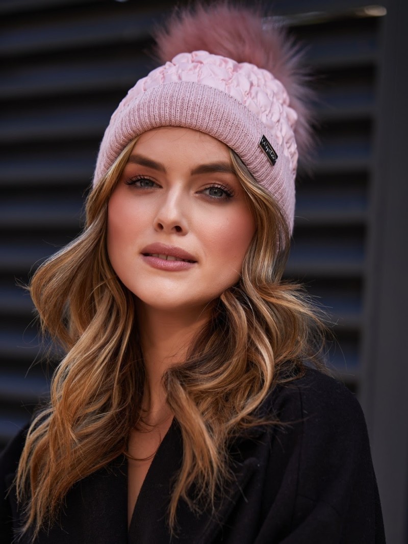 Winter cotton hat with a pompom, pink C31 - Online store - Boutique